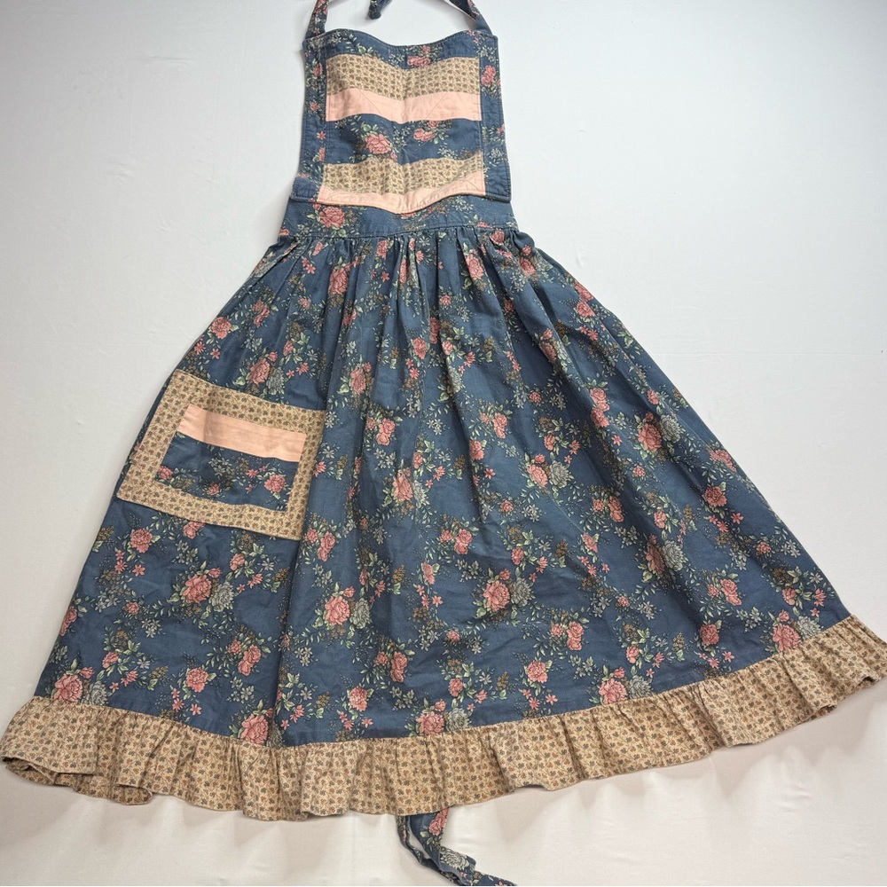 Blue Floral Halter Apron Dress with Pink Accents